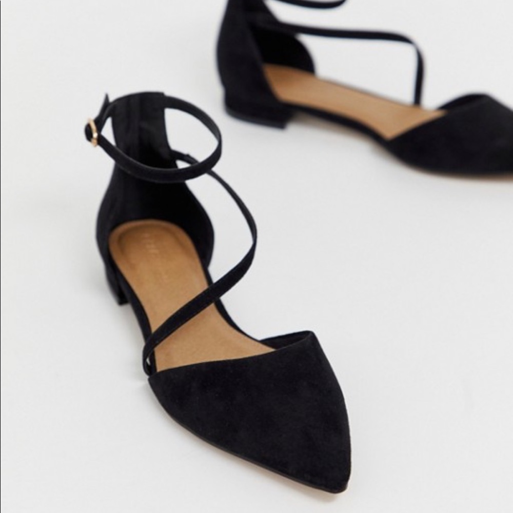 ASOS Black Pointed Toe Wrap Ankle Ballet Flats | 9